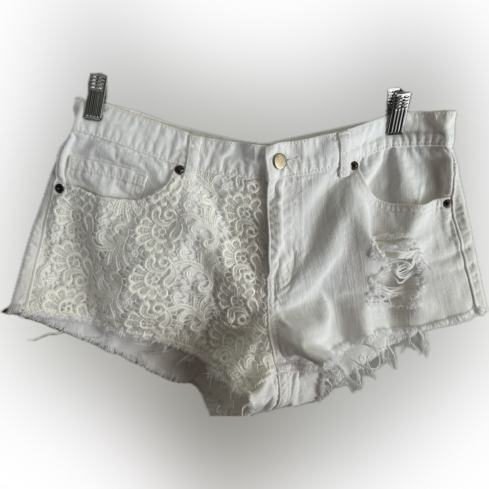 White Lace Detail Jean Shorts